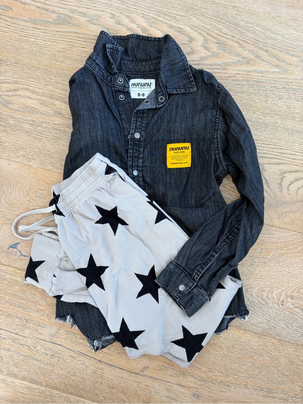Nununu SET! Black Denim Shirt with Grey and Black star pants